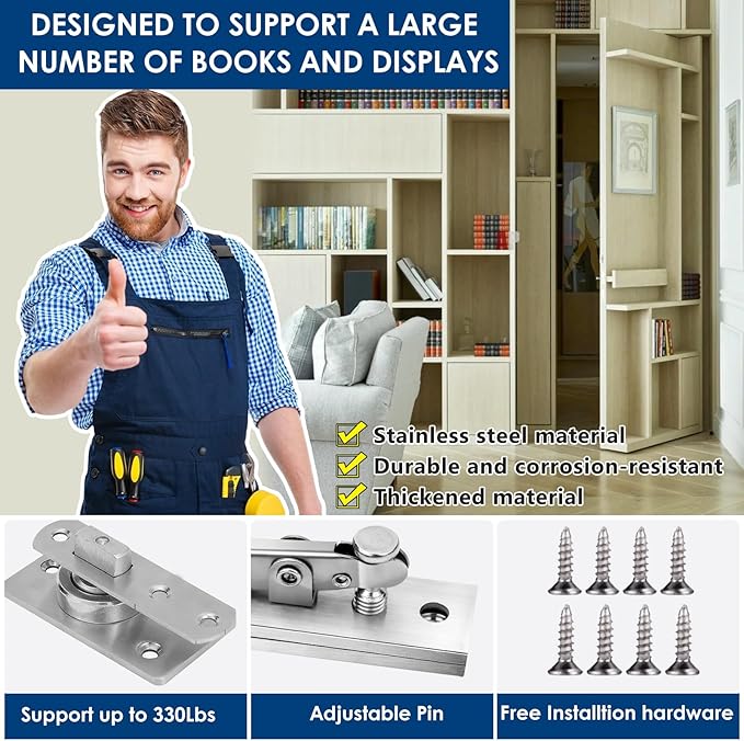 330 LBS Pivot Hinge Set with Door Catch for Large & Heavy Wood Doors – HBL’ Hidden Pivot Door Hardware for Bookshelves, Built-in Ball Bearings for Smooth & Quiet Operation.