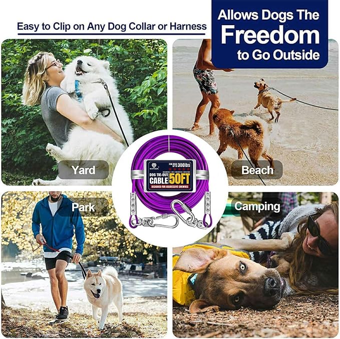 50ft Dog Tie Out Run Cable for Dogs Up to 300lbs, Long Chains Training Tether Leash Heavy Duty Pet Run Cable with Stainless Dual Fix Buckle for Yard Garden Park Camping Training Outside(Purple)