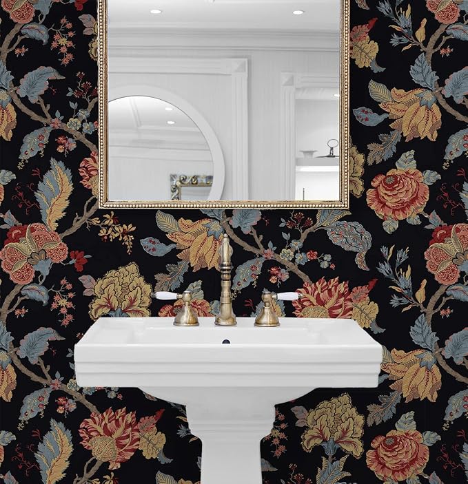 NextWall Kianna Jacobean Floral Peel and Stick Wallpaper (Ebony)