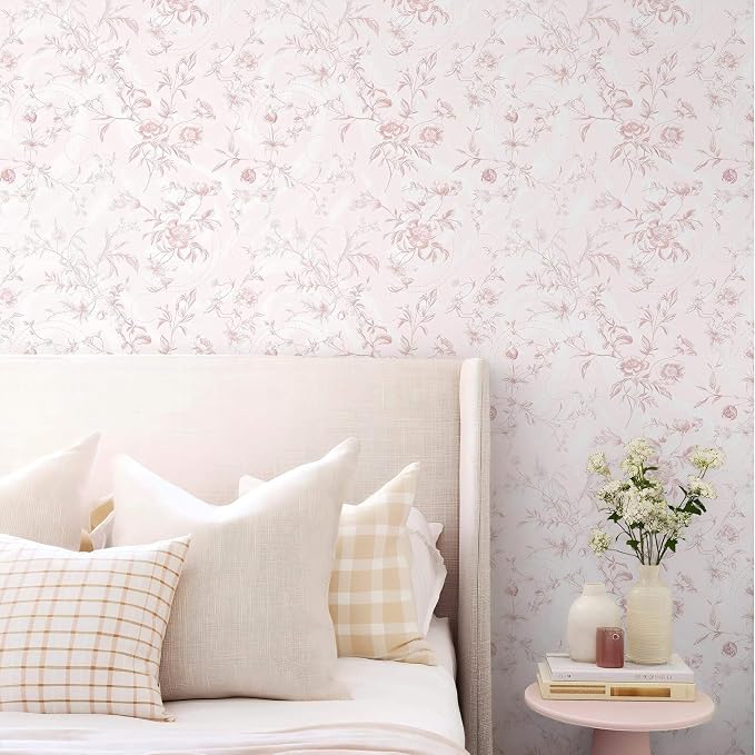 Ismoon Floral Wallpaper Peel and Stick Pink Stick on Wall Paper Vintage French Contact Paper for Cabinet Textured Removable Self Adhesive Wallpaper Vinyl Roll Shelf Deco, 17.3x787in