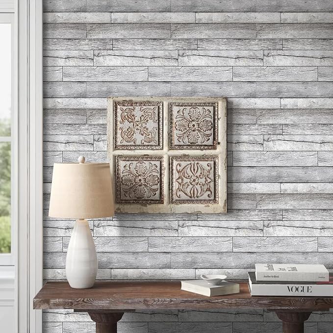 COMSTICKC Peel and Stick Shiplap Faux Wood Wall Sticker, 10 Pcs of 12" x 12", Ultra-Light Thin PVC 3D Fake Wood Self-Adhesive Wall Covering Panels for Interior Farmhouse Decor, Vintage Gray