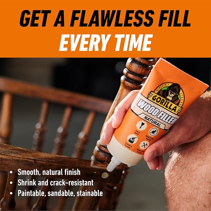 Gorilla All Purpose Wood Filler, Natural Color, 6 Ounce Tube (Pack of 6) - Water Resistant for Indoor or Outdoor Projects and Repairs