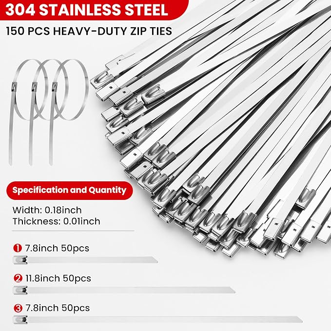Stainless Steel Cable Tie Gun Set – Heavy Duty Metal Zip Tie Tool Kit with 150PCS Self-Locking Ties, Adjustable Fastening & Cutting Tool for Outdoor Fencing, Exhaust Pipes(Red)