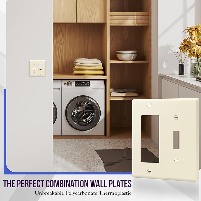 ENERLITES Combination Toggle Switch/Decorator Switch Wall Plate, Size 2-Gang 4.50" x 4.57", Polycarbonate Thermoplastic, 881131-LA, Light Almond