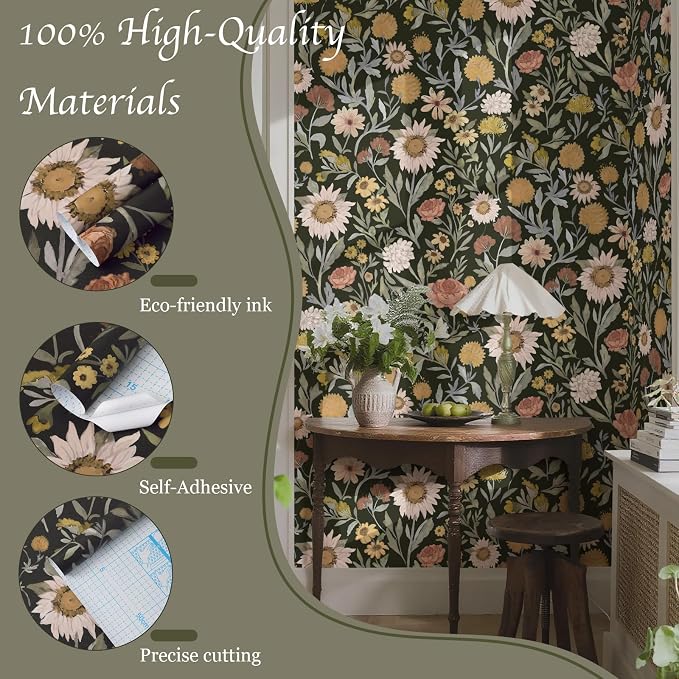 Dimoon Vintage Peel and Stick Wallpaper Boho Dark Floral Contact Paper 17.3''x78.7'' Retro Rustic Pink Removable Wall Paper Renter Friendly Texture Black Wallpaper for Bedroom Bathroom Cabinets Vinyl
