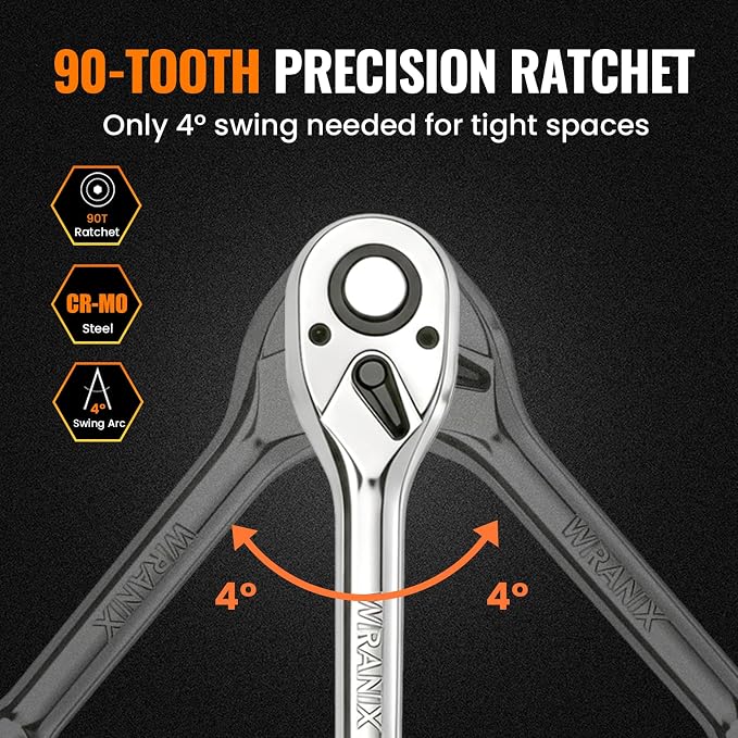 3/8“ 1/4“ 1/2“ Drive 90-Tooth Ratchet Wrench Set with Extension Bar | Socket Wrench, Reversible Design, Quick-Release, Cr-Mo Head, Cr-V Made, 4° Swing Arc, Full Polished