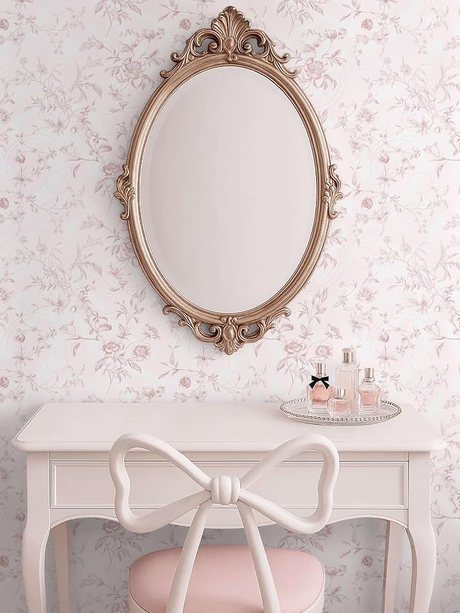 Ismoon Floral Wallpaper Peel and Stick Pink Stick on Wall Paper Vintage French Contact Paper for Cabinet Textured Removable Self Adhesive Wallpaper Vinyl Roll Shelf Deco, 17.3x787in