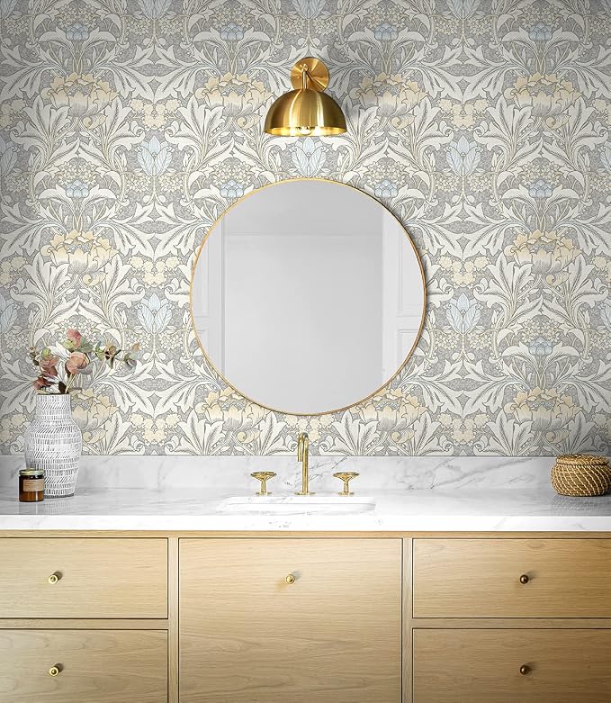 NextWall Acanthus Floral Peel and Stick Wallpaper (Daydream Grey & Pearl Blue)