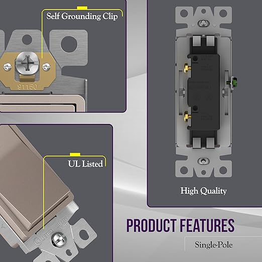 ENERLITES Elite Series Decorator Rocker Light Switch, 15A 120V/277V, Gloss Finish, Single Pole, 3 Wire, Grounding Screw, Residential Grade, UL Listed, 91150-NK-10PCS, Nickel Color (10 Pack)