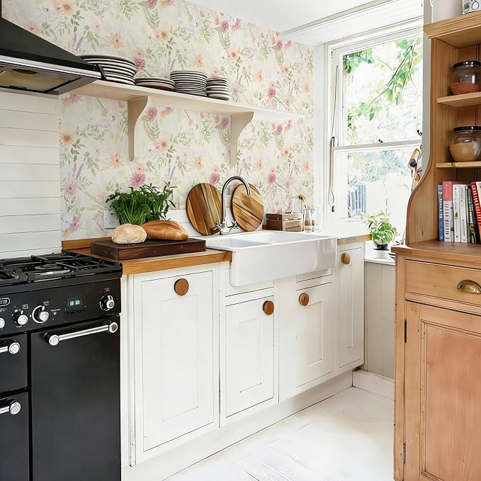 Dimoon Floral Peel and Stick Wallpaper Beige Boho Wallpaper Neutral Cottage Contact Paper Bathroom Cabinets Farmhouse Wall Paper Renter Friendly Removable Waterproof Kitchen Vinyl 362"x17.3"