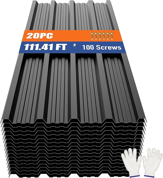 Brakki Metal Roofing Panels 20pcs 111.4 ft², 45.28"L Black Corrugated Galvanized Steel Roof Panels with Screw, Heavy Duty Metal Siding Suitable for Garages Chicken Coop Sheds Stables Patio
