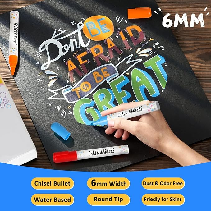 Anyo 12 Pack Chalk Markers for Blackboard, Window Paint with 6mm 2-in-1 Bold Nib Tip, Metallic & Neon Color Wet Erase Window Markers for Glass Washable, Glass, Mirror, Blackboard, Bistro, Menus