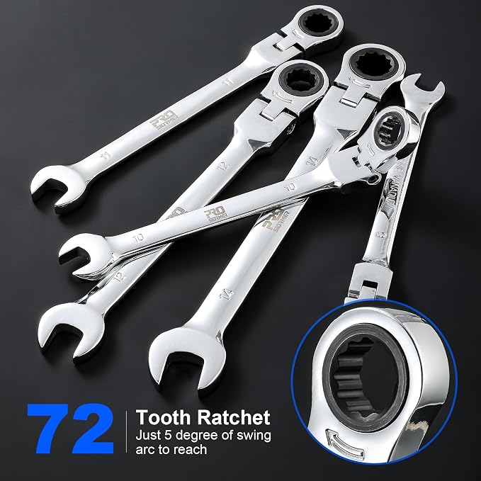 Prostormer 14-Piece Metric Flex-Head Ratcheting Wrench Set | 6-19mm Ratchet Combination Wrenches Kit, 72-Tooth, Cr-V Steel, Organizer Tool Box