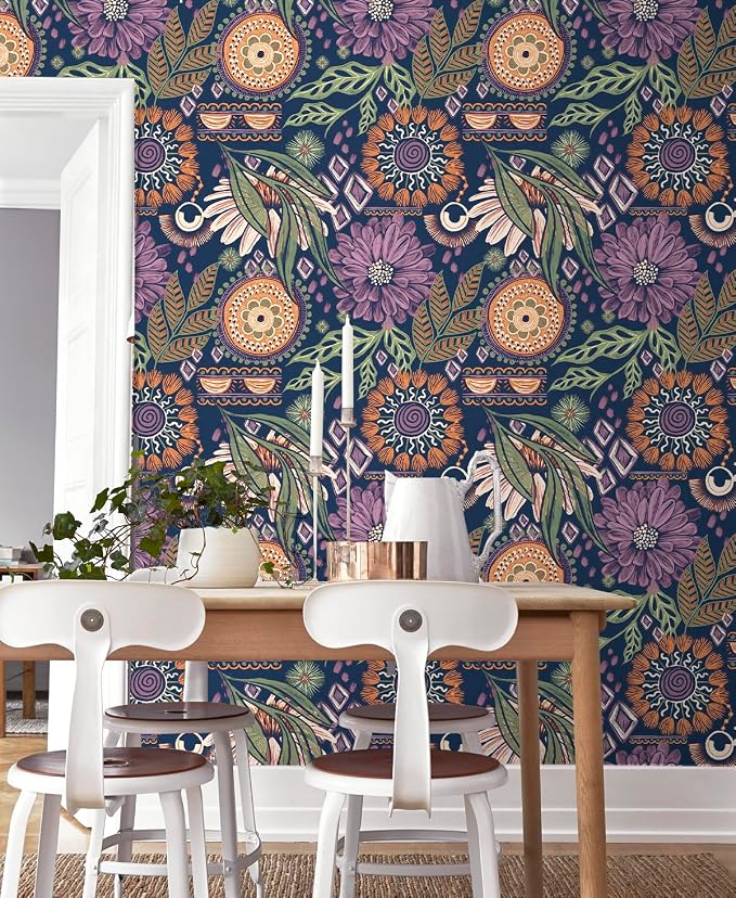 HAOKHOME Peel and Stick Wallpaper Boho Navy Purple Terracotta Retro Floral | Renter Friendly Removable Textured Vintage Moody Botanical Wall Paper for Bathroom Bedroom Accent Wall Decor 17.3in x 9.8ft