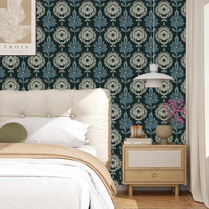 BOKEBEVE Boho Floral Peel and Stick Wallpaper Dark Green 17.5 x 393.5In | Extra Long Symmetry Contact Paper Modern Wall Paper for Bedroom Accent Walls Laundry Nursery Pantry Renter Friendly Removable