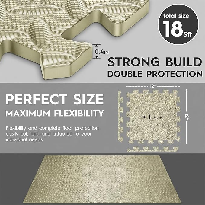 18 Tiles Puzzle Exercise Mat, EVA Interlocking Foam Floor Tiles, Non-Slip, Protective, Water-Resistant Flooring for Home Gym & Workout Equipment, 12.6" x 12.6" x 0.4", 18 Sq Ft