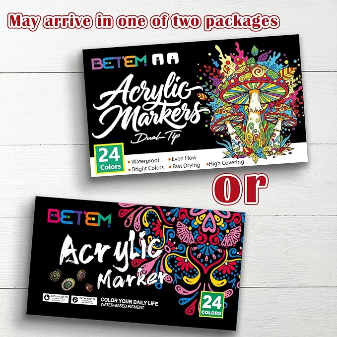 Betem 24 Colors Dual Tip Acrylic Paint Markers, Fabric Decorating Kits Premium Water-Based Acrylic Paint Pens Art Supplies for Fabric, Rock, Wood, Glass, Canvas, Ceramic, Teacher Appreciation Gift