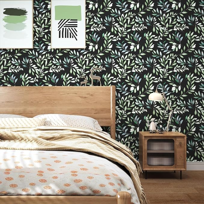 Danodoi Black Green Vintage Leaves Peel and Stick Wallpaper 17.5" x 393" | Waterproof Vinyl Self Adhesive Removable Renter Friendly Floral Contact Paper