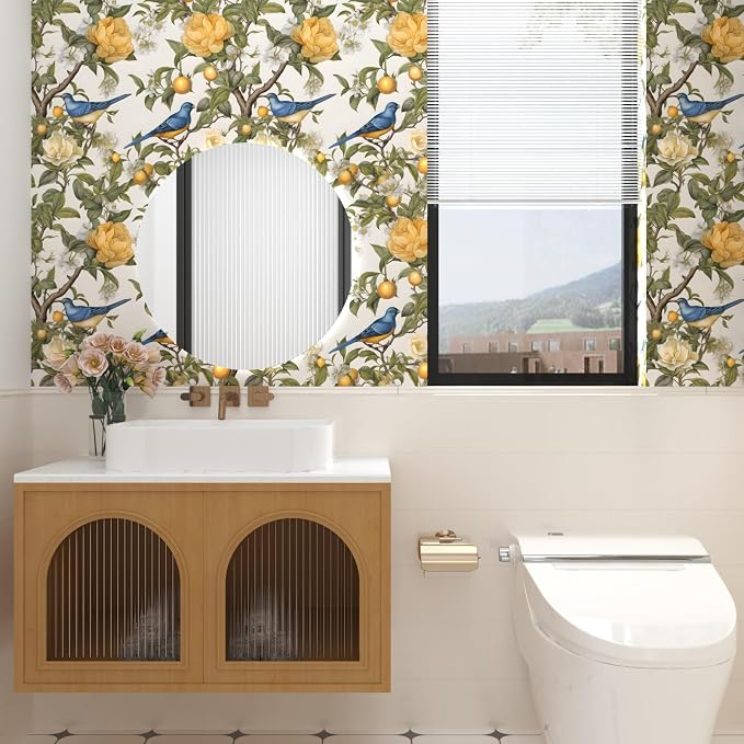 Danodoi Yellow Vintage Lemon Bird Peel and Stick Wallpaper 17.5" x 393" | Waterproof Vinyl Self Adhesive Removable Renter Friendly Floral Contact Paper