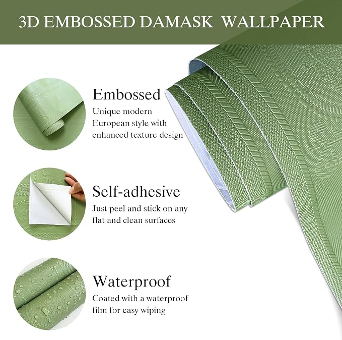 Green 3D Embossed Textured Peel Stick Wallpaper 17.3"x120" | Removable Renter Friendly Contact Paper, Waterproof Self Adhesive Wallpaper for Bedroom, Bathroom, Decor,14.4 sq.