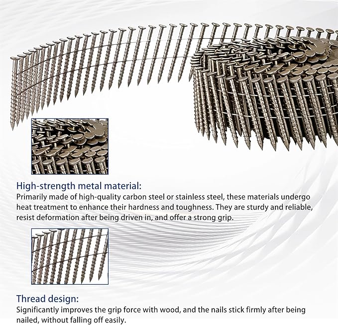waltyotur 3600 Count Stainless Steel Coil Roofing Ring Shank Siding Nails 15-Degree Collated Wire Coil 2 Inch, 0.09 Inch Ring Shank, Small Cap Coil Stud Siding Nails