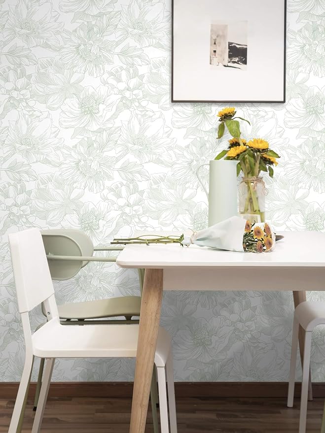 Ismoon Large Floral Peel and Stick Wallpaper Boho Green and White Contact Paper 17.3inx6.5ft Modern Wall Paper Removable Self Adhesive Vinyl Wallpaper for Bedroom Cabinet Bathroom Mural Wall Decor