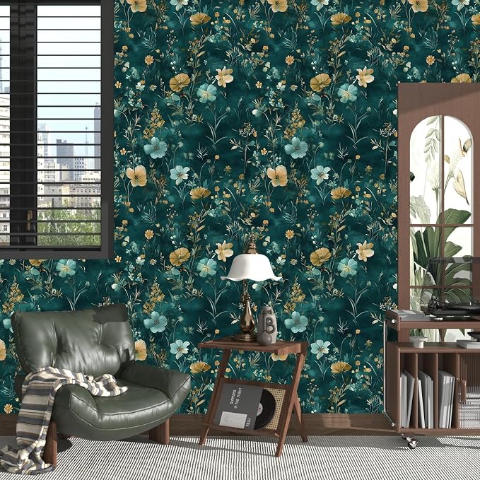 Floral Leaf Vintage Wallpaper Peel and Stick 17.5" x 393", Teal Gold | Self Adhesive/Removable/Waterproof/Thick Vinyl Contact Paper for Bathroom Bedroom Shelf Cabinet Drawer,Prepasted,Easy Peel
