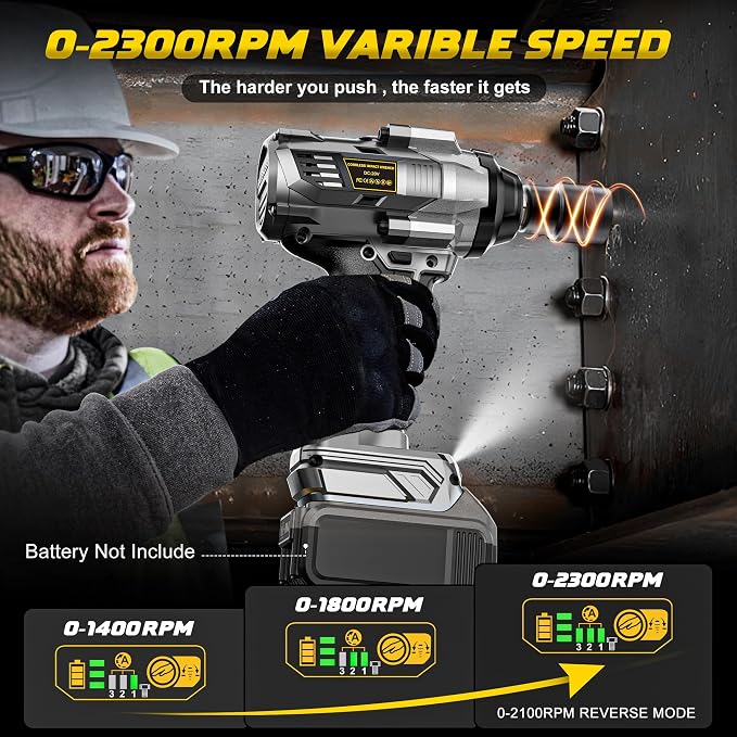 1/2" Cordless Impact Wrench 1110 Ft-lbs Compatible with DeWalt 20V Battery | DIYtoolifz Brushless High Torque Impact Driver with LED Light, Electric Gun for Car, Truck, Mower, Bare Tool