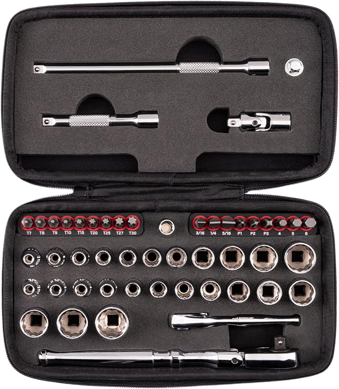 TEKTON 1/4 Inch Drive 12-Point Small Engine Socket Set, 50-Piece | SKT07907 | (5/32 - 9/16 in., 4 - 15 mm, Phillips #1 - 3, Slotted 3/16 - 5/16 in., T7 - T30), Shallow, Zipper Case, Custom Foam