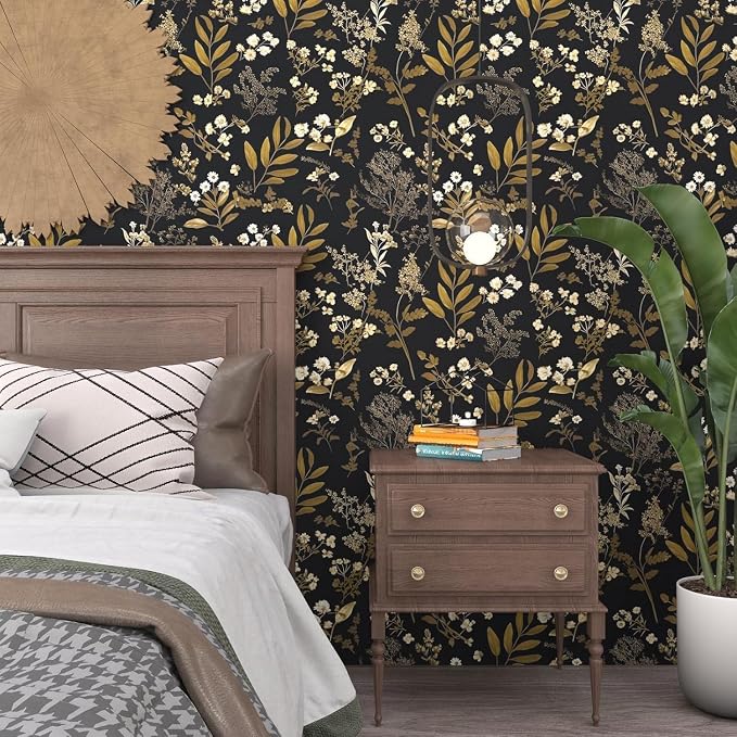 Vintage Floral Peel and Stick Wallpaper 17.5'' x 787'', Black Gold | Self Adhesive/Removable/Waterproof/Thick Vinyl Extra Long Contact Paper for Bathroom Bedroom Shelf Cabinet Drawer,Prepasted