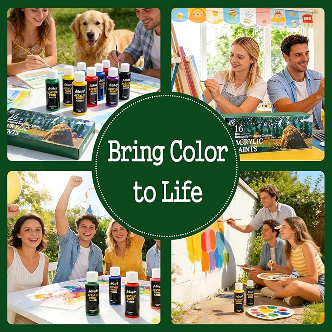 Artkey Acrylic Paint Set, 16 Colors 2 oz/59 ml Acrylic Paint Kit for Professional Artists & Beginners – Summer Bold Art & Craft Supplies for Canvas, Wood, Fabric, Rock, Leather, Ceramic, Glass