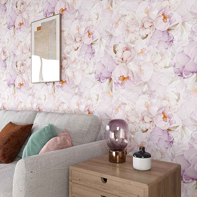 VEELIKE Lavender Floral Wallpaper Peel and Stick Large Peonies Wall Mural for Girls Room Nursery Prepasted 17.7'x354' Removable Pink Wallpaper for Bedroom Bathroom