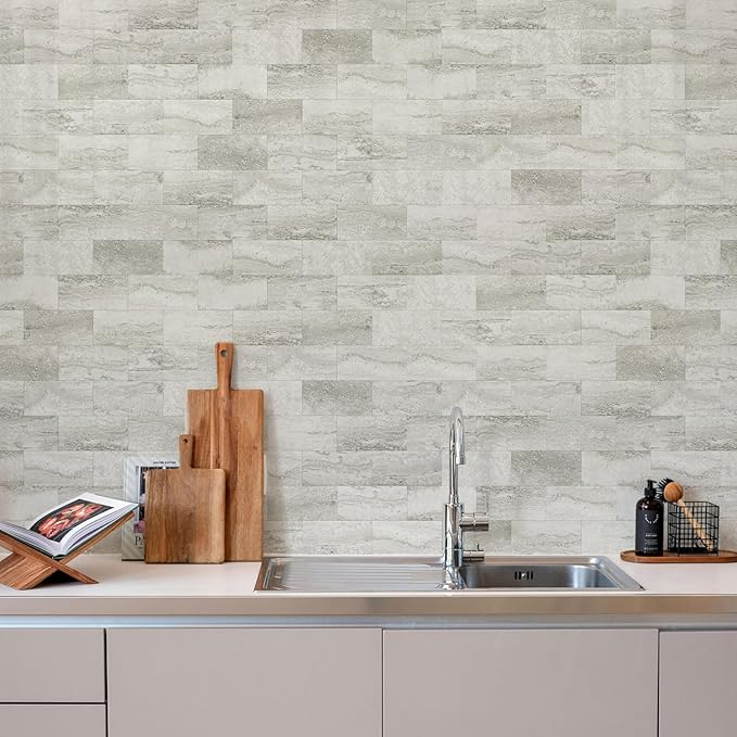 Vamos Tile 4-Piece Matt Beige Mixed Grey Slate Peel and Stick Backsplash Seamless Tile,3''x6'' PVC Subway Tile,Stick on Backsplash for Kitchen/Bathroom/Laundry Room