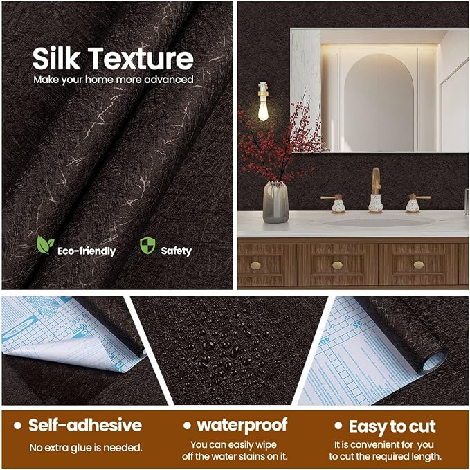 Brown Peel and Stick Self Adhesive Wallpaper Countertop Contact Paper | Removable Waterproof Bathroom 15.7" X 393.7" Kitchen Vinyl Wrap for Cabinet Countertops Wall Counter Top Paper