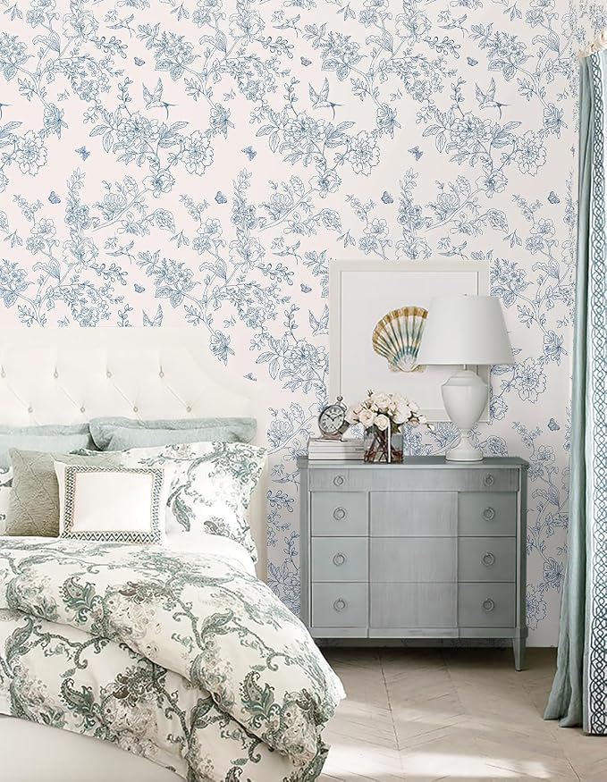 Froluya Cream White and Blue Floral Wallpaper Peel and Stick Wallpaper 17.7"x590.5" Vintage Floral Peel and Stick Wall Paper Removable Boho Self Adhesive Contact Paper for Bedroom Bathroom Vinyl