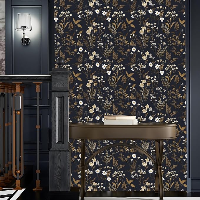 Floral Leaf Vintage Wallpaper Peel and Stick 17.5"x78.7", Dark Gold | Self Adhesive/Removable/Waterproof/Thick Vinyl Contact Paper for Bathroom Bedroom Shelf Cabinet Drawer,Prepasted,Easy Peel