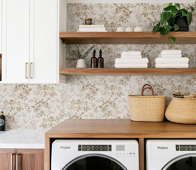 Erfoni 16.9" x197" Beige Floral Peel and Stick Wallpaper Boho Floral Leaf Contact Paper Boho Self Adhesive Wall Paper Flower DIY Removable Decoration Wallpaper for Livingroom Accent Wall Covering
