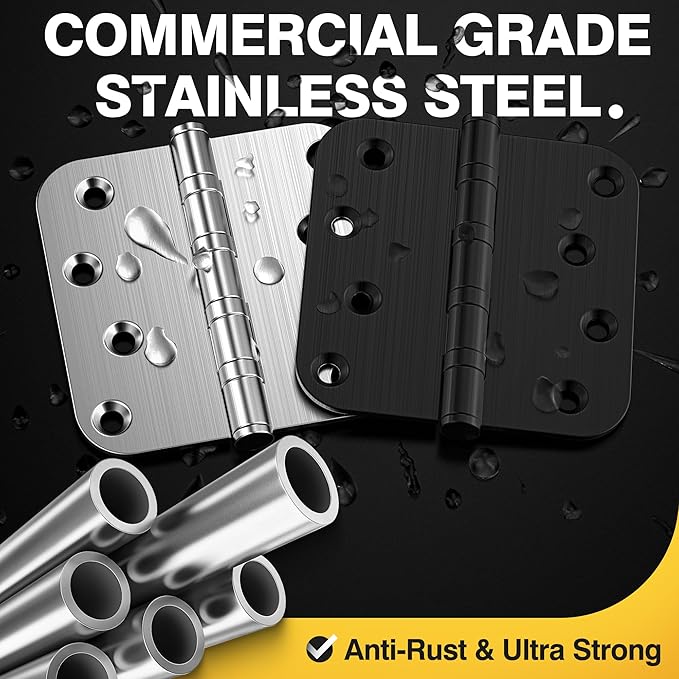 KOLET Ball Bearing Door Hinges, 4 x 4 Inches Door Hinges, 5/8'' Radius Corner Hinges, Heavy Duty Stainless Steel, Smooth and Quiet, Non Removable Pin, Brushed Nickel, 6 Pack