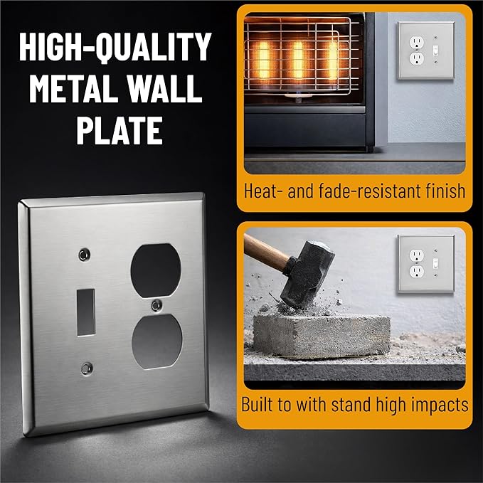 Bates- 2-Gang Combination Wall Plate, 5.5"x 5.5"/Over-Size, Silver, Stainless Steel Toggle Light Switch/Duplex Receptacle Outlet, 2 Gang Wall Plate for Electrical Outlets, Double Outlet Cover Plate