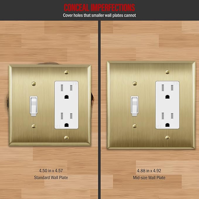 ENERLITES Combination Toggle Switch and Decorator Receptacle Metal Wall Plate, Stainless Steel 201 Outlet Cover, Corrosion-Resistant, Mid-Size 2-Gang 4.88" x 4.92", 771131M-BB, Brushed Brass