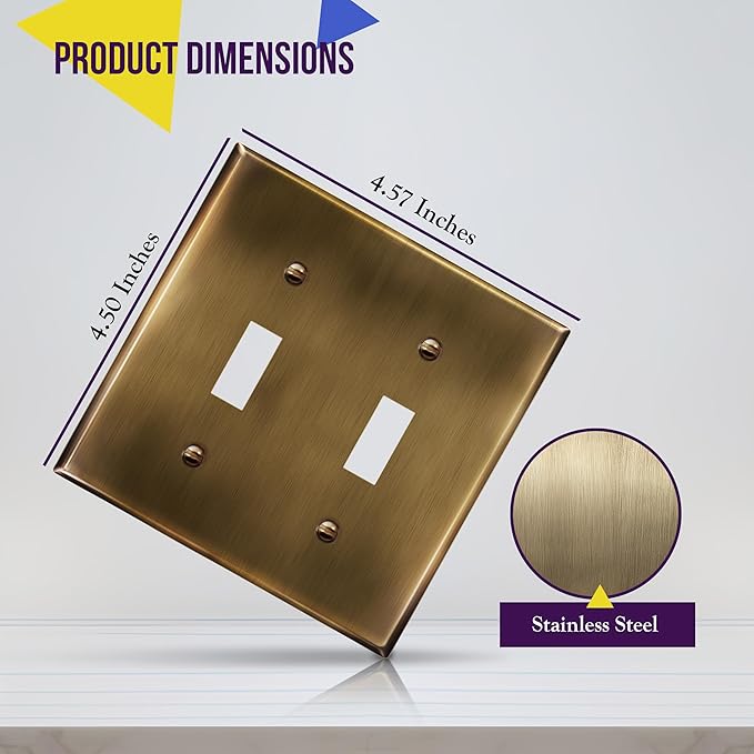 ENERLITES Double Toggle Light Switch Metal Cover Plate, Stainless Steel Wall Plate, Corrosion Resistant, Standard Size 2-Gang 4.50" x 4.57", Stainless Steel 201, 7712-AB, Antique Brass (Pack of 1)
