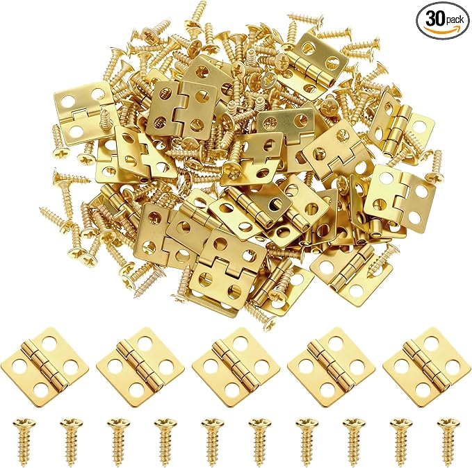 30 Piece Mini Hinges Gold Tiny Hinges 13x12mm Retro Brass Butt Hinge 180 Degree Rotation Miniature Hinge Hardware with Screws for Wooden Box Jewelry Box Doll House DIY Projects