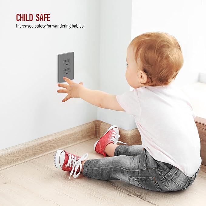 ENERLITES SI8821-GY Duplex Outlet Receptacle Cover, Screwless Wall Plate, Standard Size, 1-Gang 4.68" x 2.93", Unbreakable Polycarbonate Thermoplastic, UL Listed, SI8821-GY-10PCS, Gray, 10 Pack