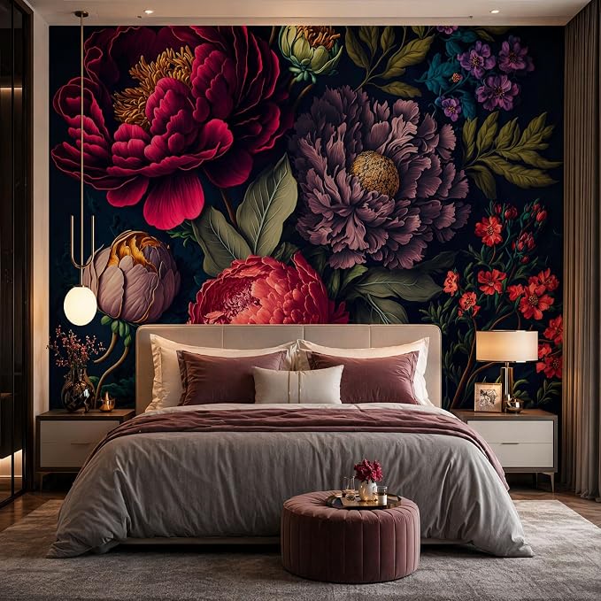 MFWFM Floral Peel and Stick Mural Wallpaper Dark Peony Botanical Wall Mural | 137"x96", for Bedroom Living Room Bathroom, Self Adhesive Canvas
