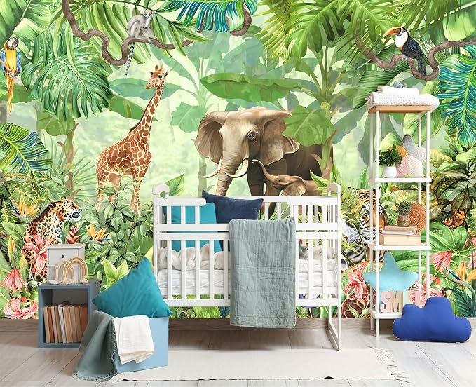 YIHWM-Peel and Stick Animal Wallpaper Tropical Rainforest Zoo Theme Mural | Tear-resistant,with a substantial feel;Will not be damaged during repositioning.Boy's Room,kids room wallpaper.XL-157"x108"
