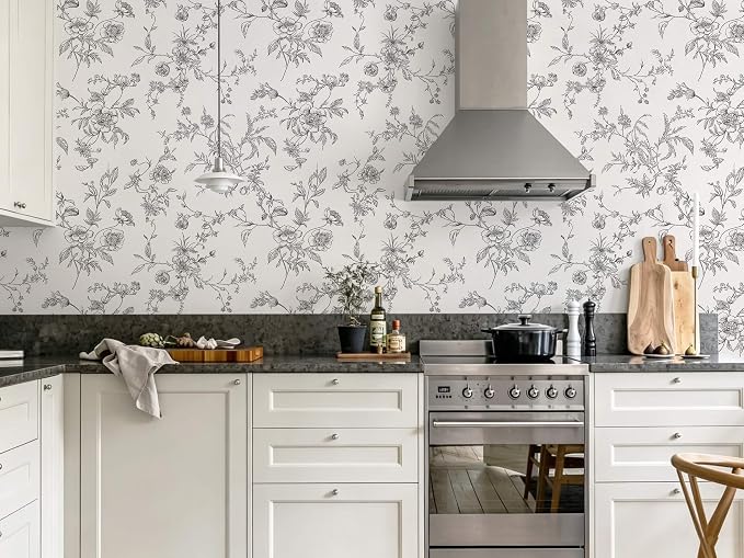 Ismoon Peel and Stick Wallpaper Floral Vintage Stick on Wall Paper Black and White Contact Paper for Cabinet French Textured Removable Self Adhesive Wallpaper Vinyl for Bedroom Wall Deco 17.3 x 393in