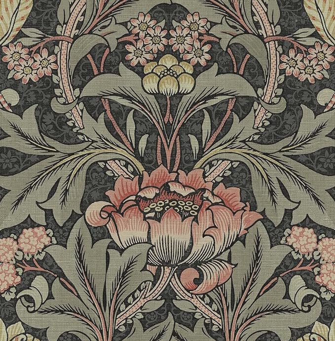 NextWall Acanthus Floral Peel and Stick Wallpaper (Charcoal & Rosewood)