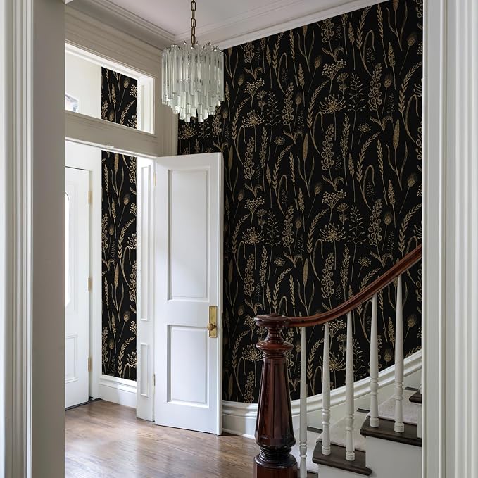 JiffDiff Peel and Stick Wallpaper Farmhouse Vintage Floral Contact Paper Wheat Meadow Removable Self Adhesive Wallpaper Black and Gold (56 sq.ft)