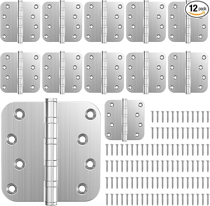 KOLET Ball Bearing Door Hinges, 4 x 4 Inches Exterior Door Hinges, 5/8'' Radius Corner Hinges, Heavy Duty Stainless Steel, Smooth and Quiet, Non Removable Pin, Brushed Nickel, 12 Pack