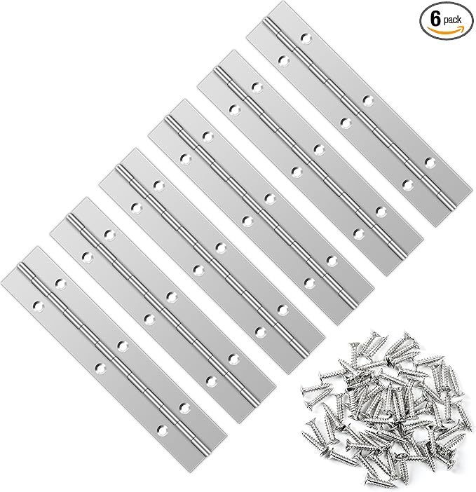 6 PCS 6 Inch Stainless Steel Piano Hinge Heavy Duty with 36 Pcs Screws for Cabinets Boat Marine Door DIY Woodworking Storage Box Hatche Furniture Hardware Silvery